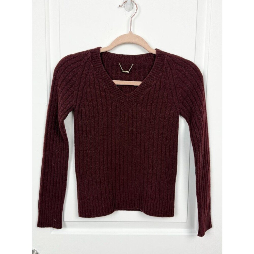 The Row Burgundy Ribbed Knit V-Neck Sweater XS